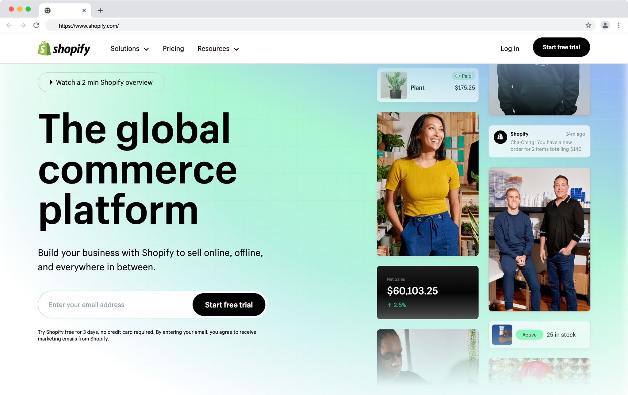 Archived screenshot of Shopify's global commerce platform homepage and public store-building interface