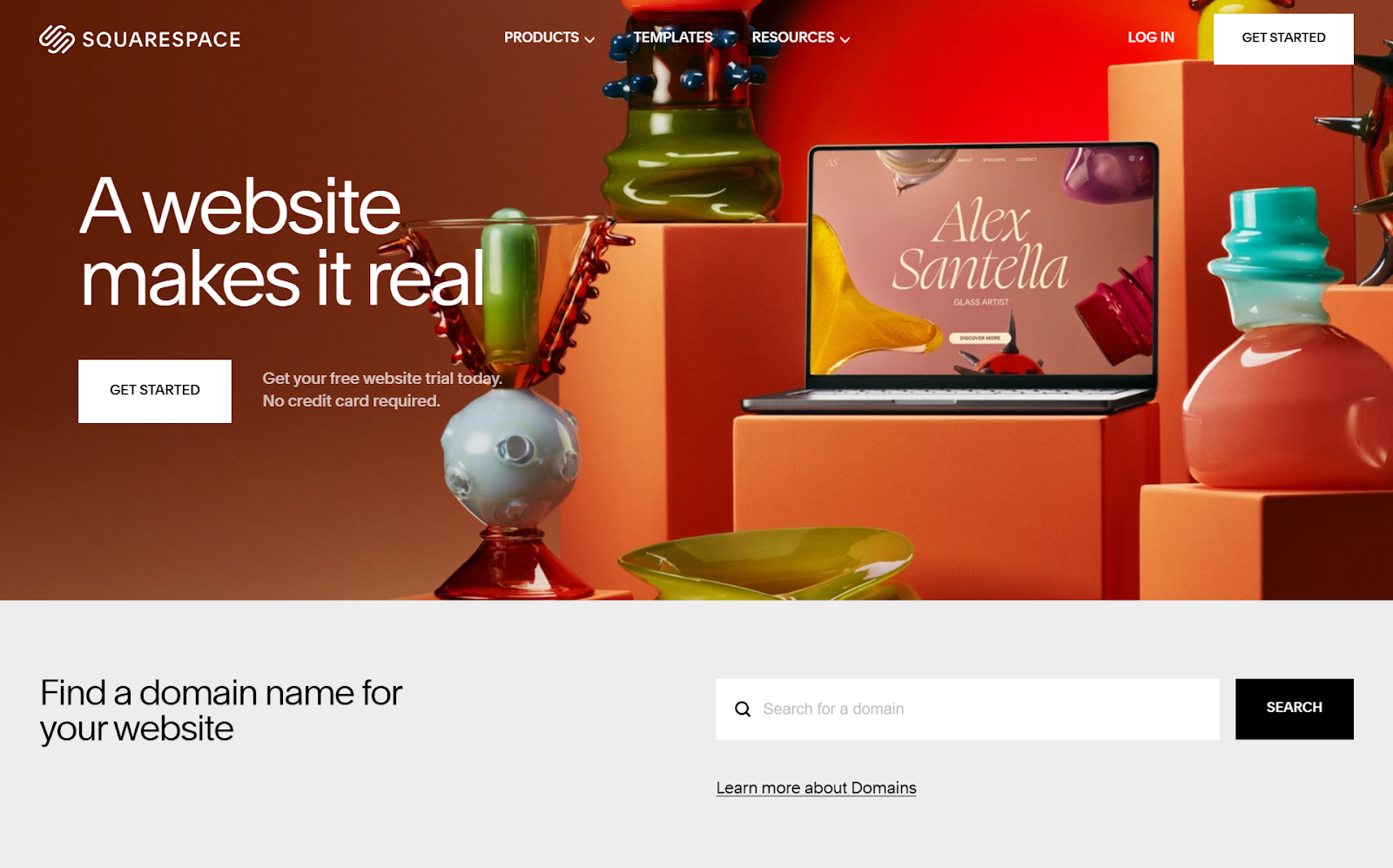 Archived screenshot of the Squarespace website homepage, featuring template and product imagery