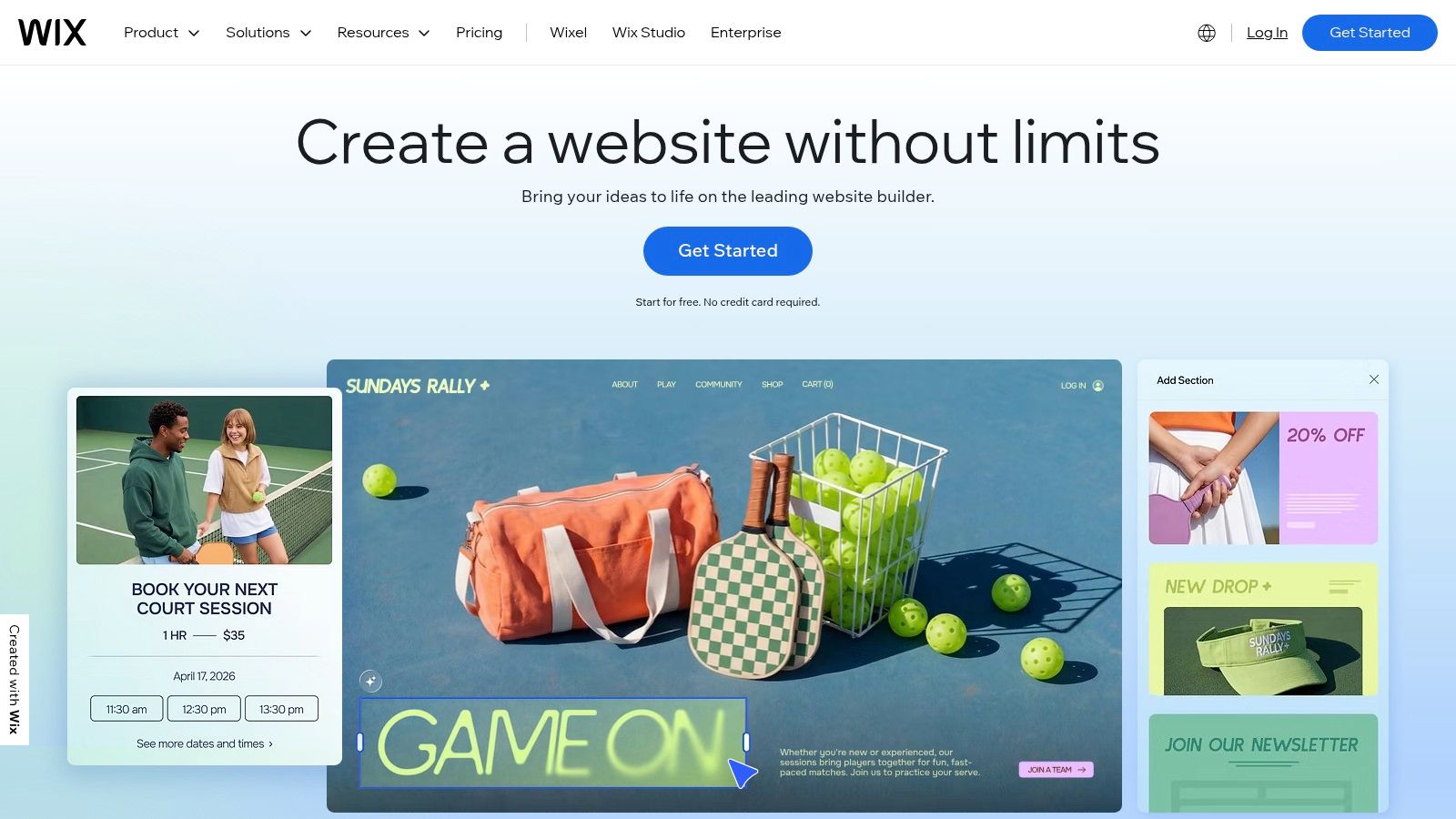 Screenshot of a public Wix website builder page showing a tennis-shop template and site editing examples